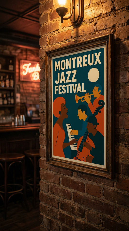Framed poster of Montreux Jazz Festival on a brick wall in a bar setting.