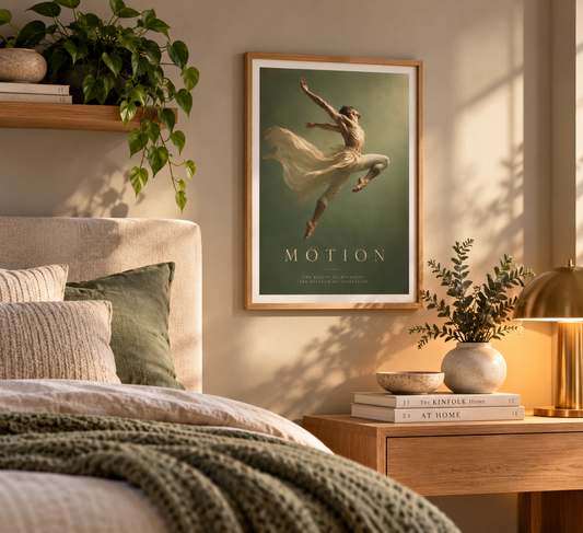 Motion contemporary dance wall art featuring a male dancer suspended mid-leap against a sage green background. Displayed in a natural oak frame beside a bed with soft linen bedding, warm lighting and botanical accents.