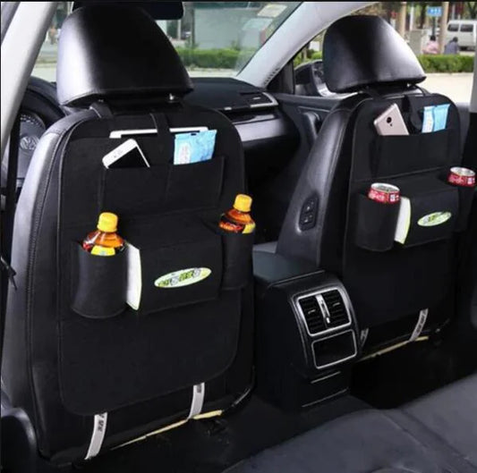 Car seat back organizers with multiple pockets and drink holders in a car interior.