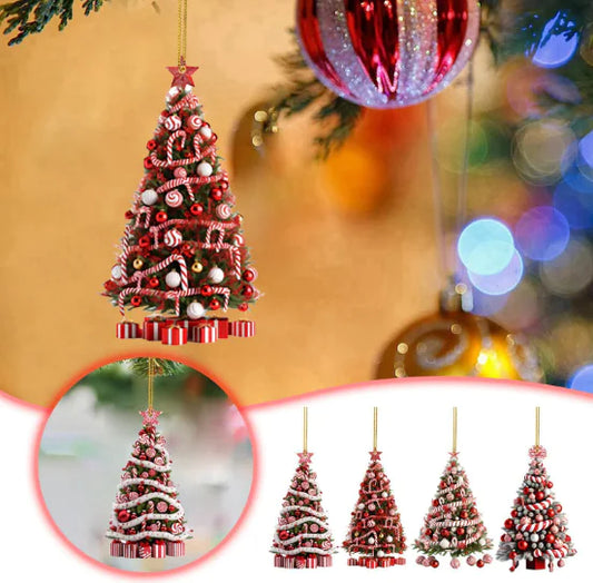 Decorative Christmas tree ornament with candy cane details on a blurred festive background.