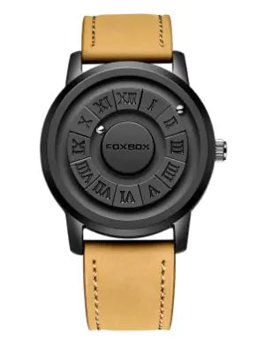 Watch with black dial and tan leather strap on a white background