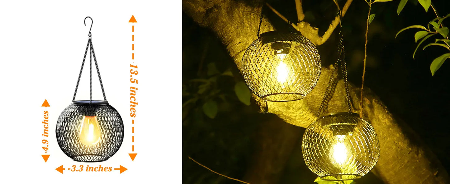 Solar hanging lights with measurements and outdoor installation.