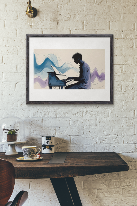 Framed artwork of a person playing piano on a white brick wall above a wooden table.