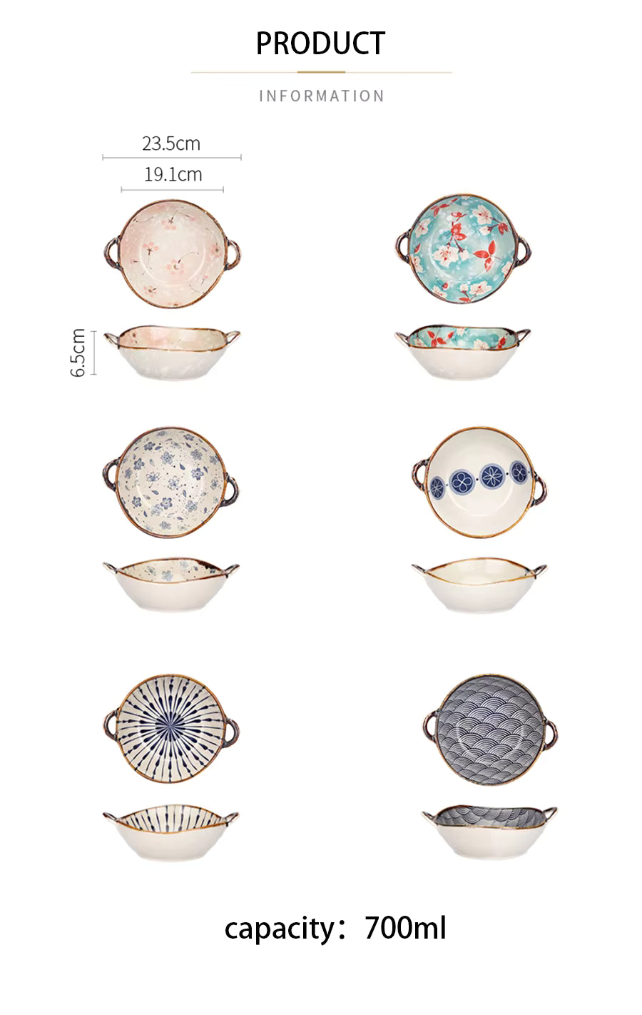 Product information graphic showing six ceramic serving bowls with different printed patterns, dimensions (23.5cm x 19.