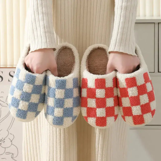 Winter cotton indoor slippers with checkerboard pattern in assorted colors displayed on a neutral background