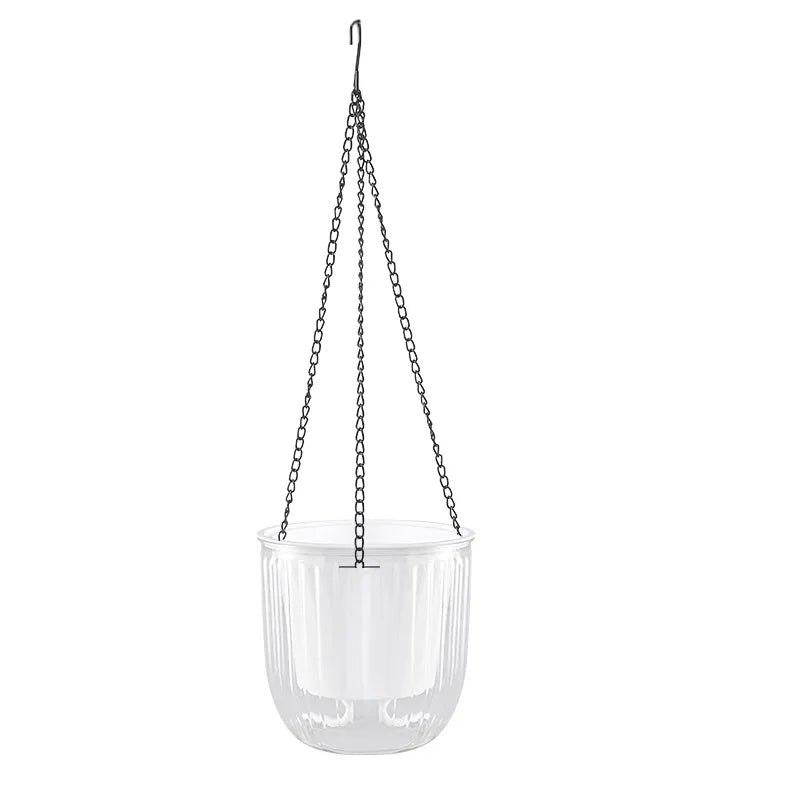 Clear hanging planter with a chain on a white background