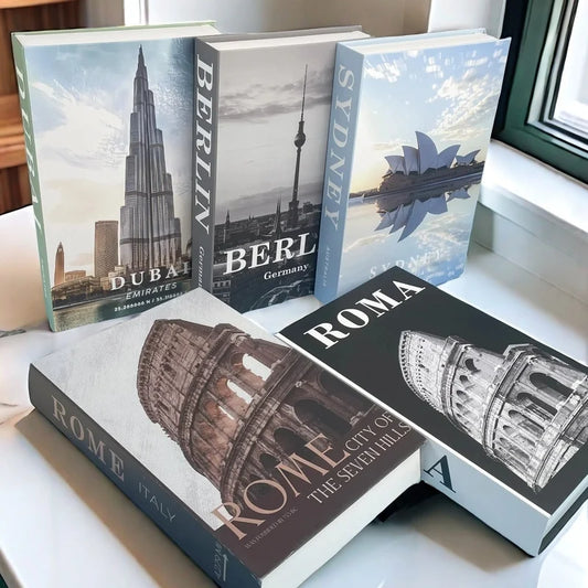 Storage Books with cityscapes on covers including Dubai, Berlin, and Rome.