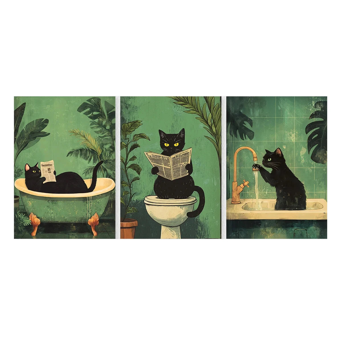 Three-panel illustration of a black cat in various bathroom settings.