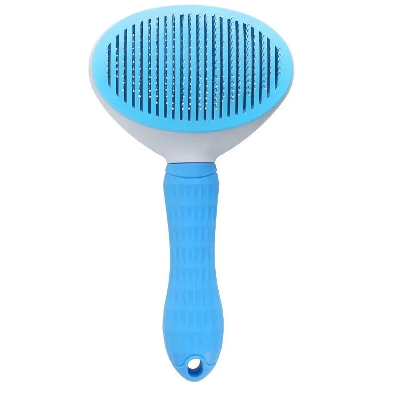 Blue pet grooming brush on a white background