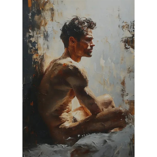 Artistic depiction of a shirtless man sitting against a textured wall.