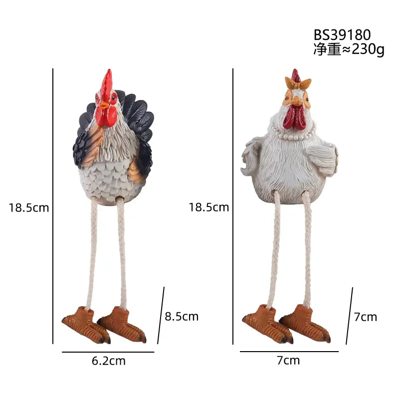 Two rooster figurines with measurements on a white background