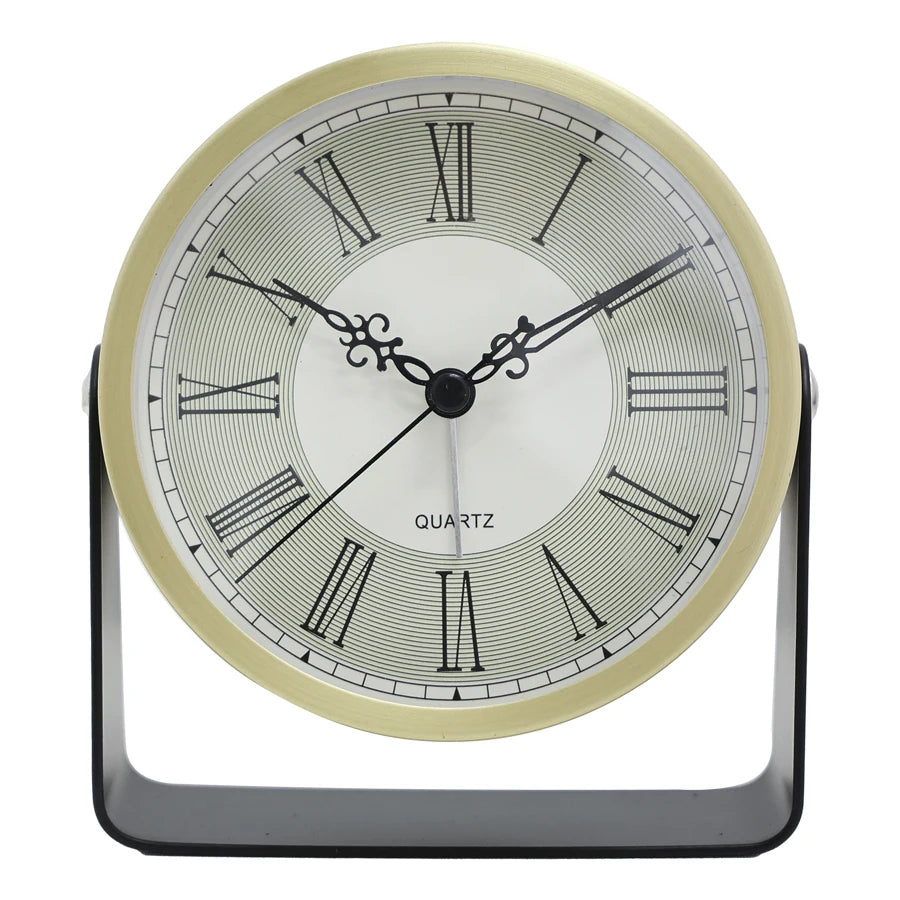 Round table clock with beige rim and black Roman numerals on a white background