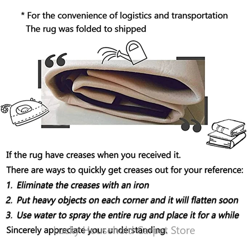 Folded rug with instructions on how to eliminate creases