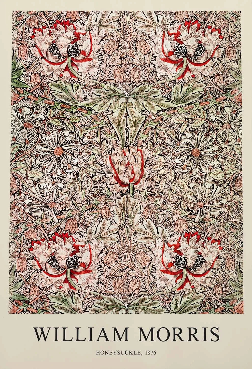 Floral pattern with William Morris signature and 'Honeysuckle' text