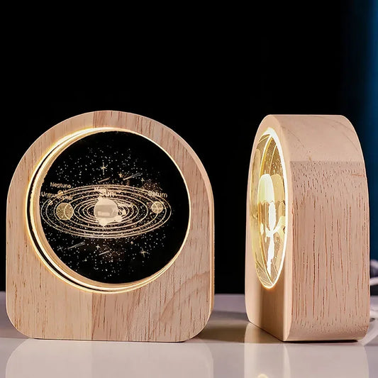 Wooden lamp with celestial design on a black background