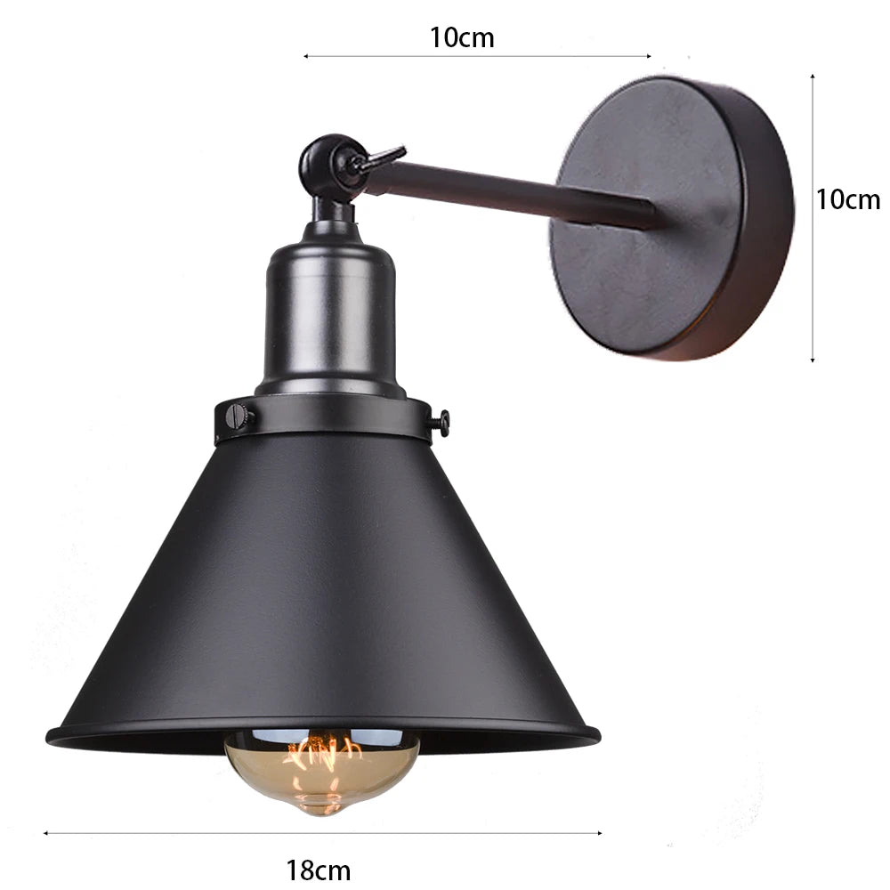 Black wall lamp with measurement details on a white background