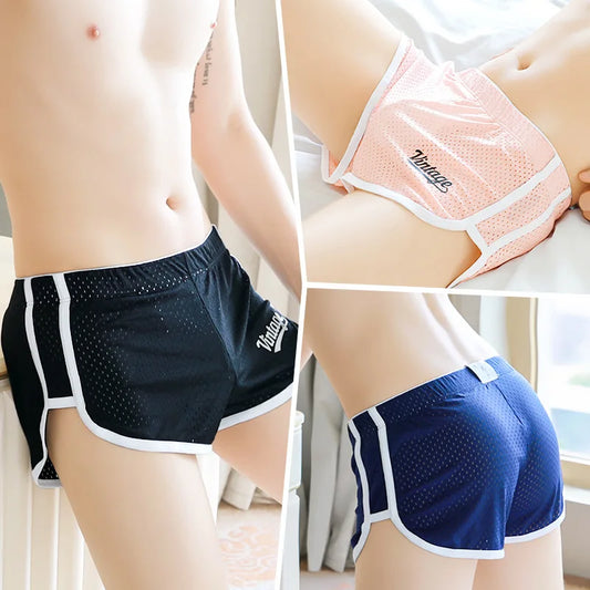 Collage of men wearing black, blue, and pink mesh underwear with 'Vintage' branding.