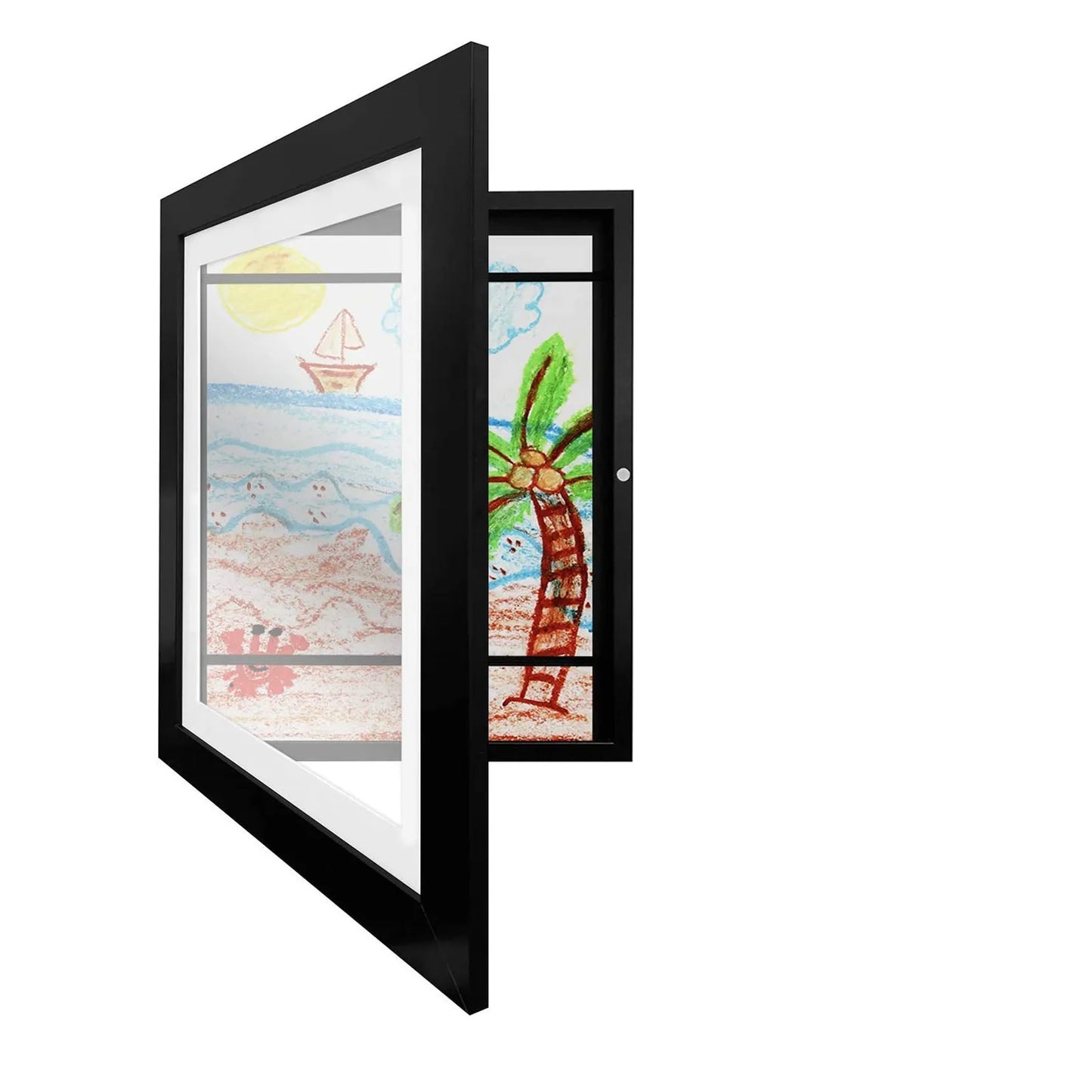 Black framed display case with children's drawings of a beach scene and palm tree.