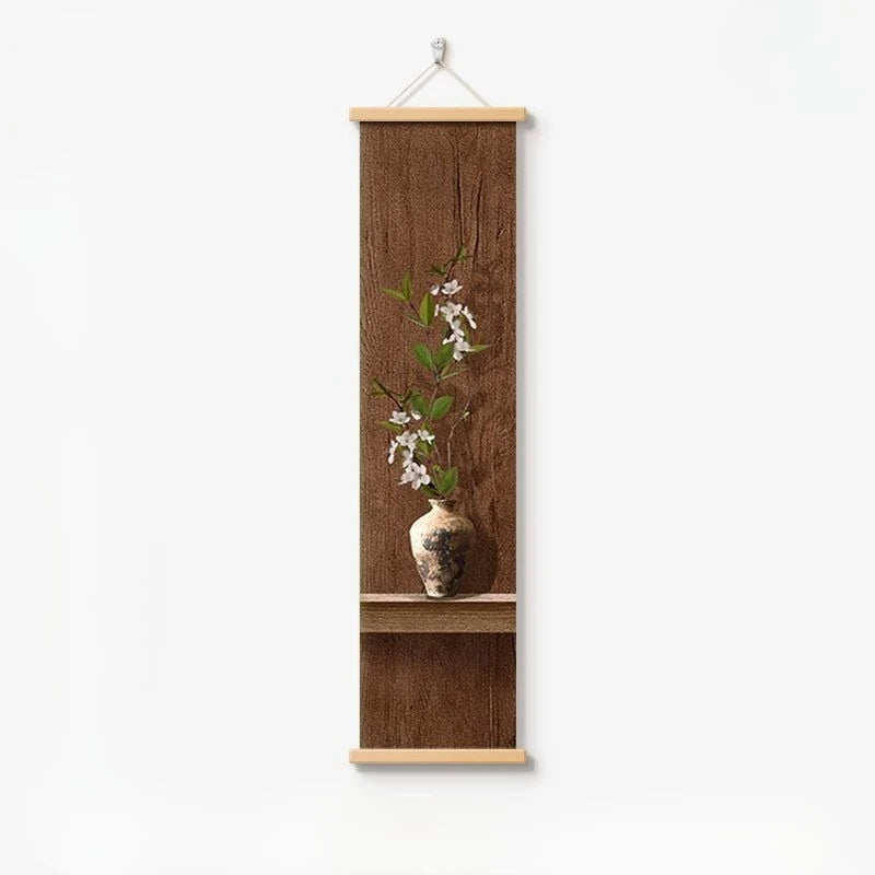 Wooden scroll with a vase and flowers on a white background