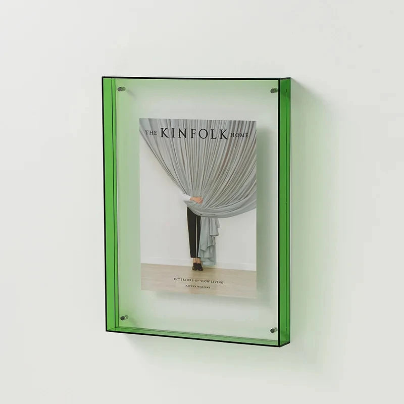 Light Green Acrylic Photo Frame with a photo of someone standing behind a fanned curtain