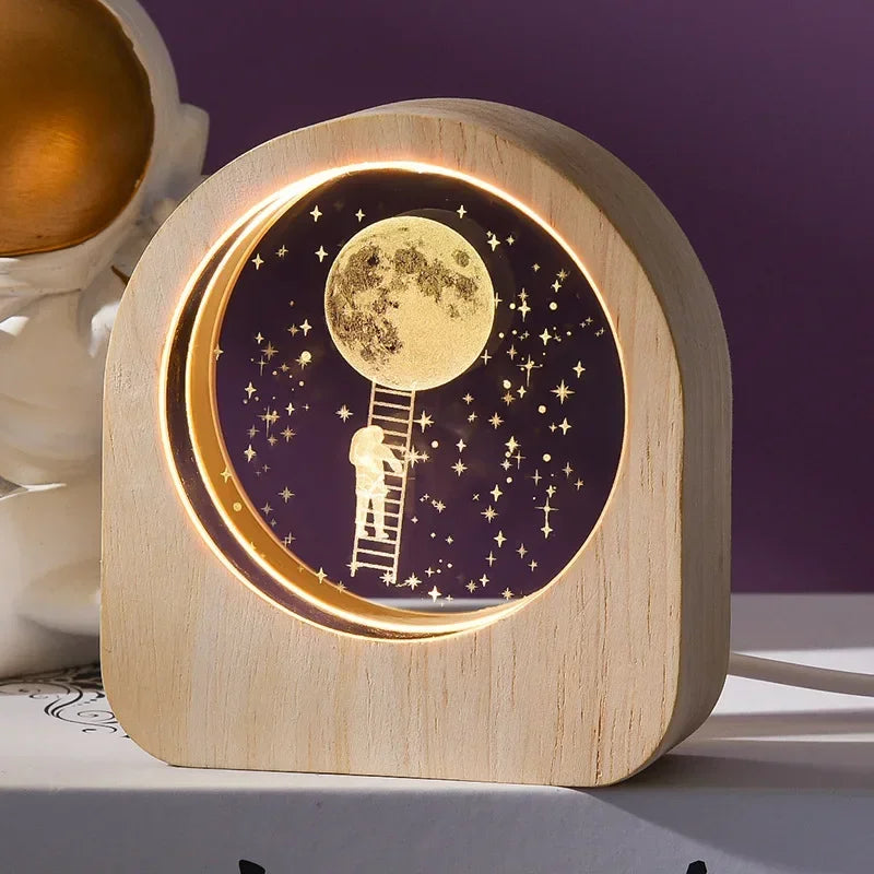 Wooden night light with moon and stars design on a purple background