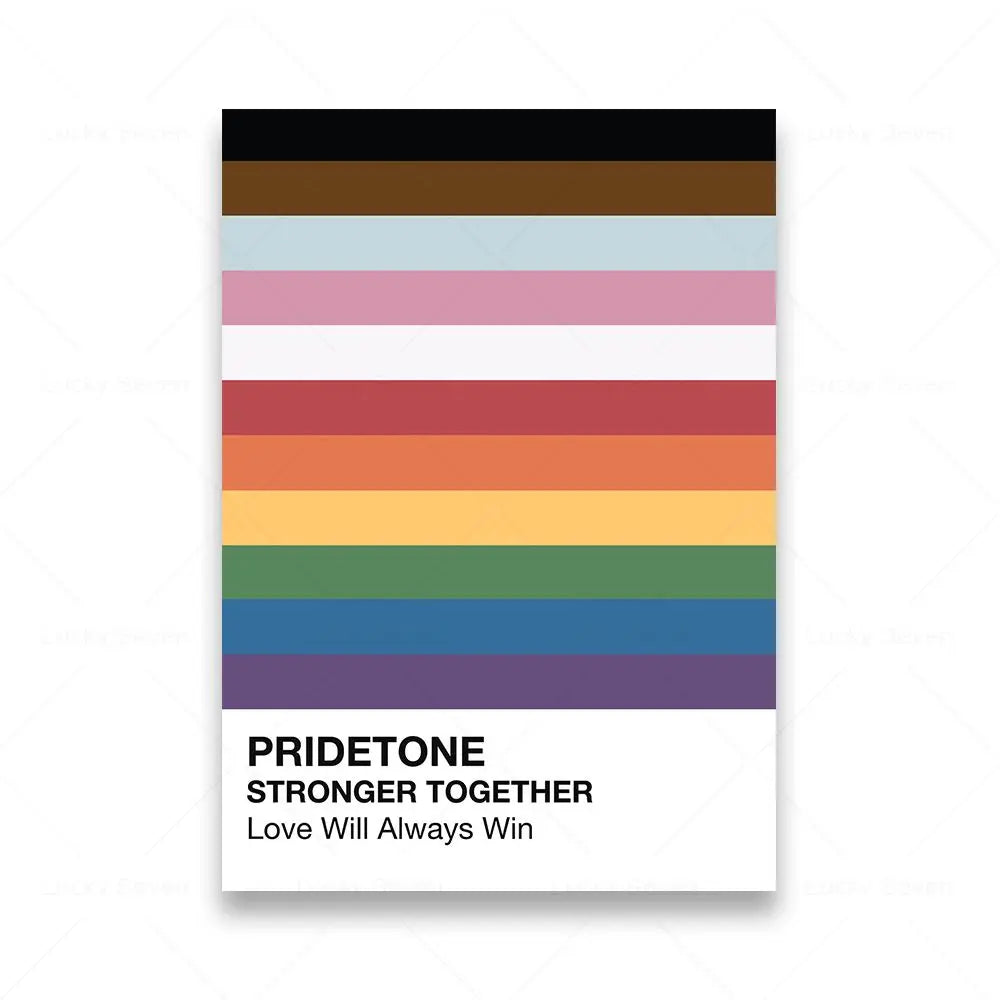 Pride-themed product with rainbow stripes and text on a white background