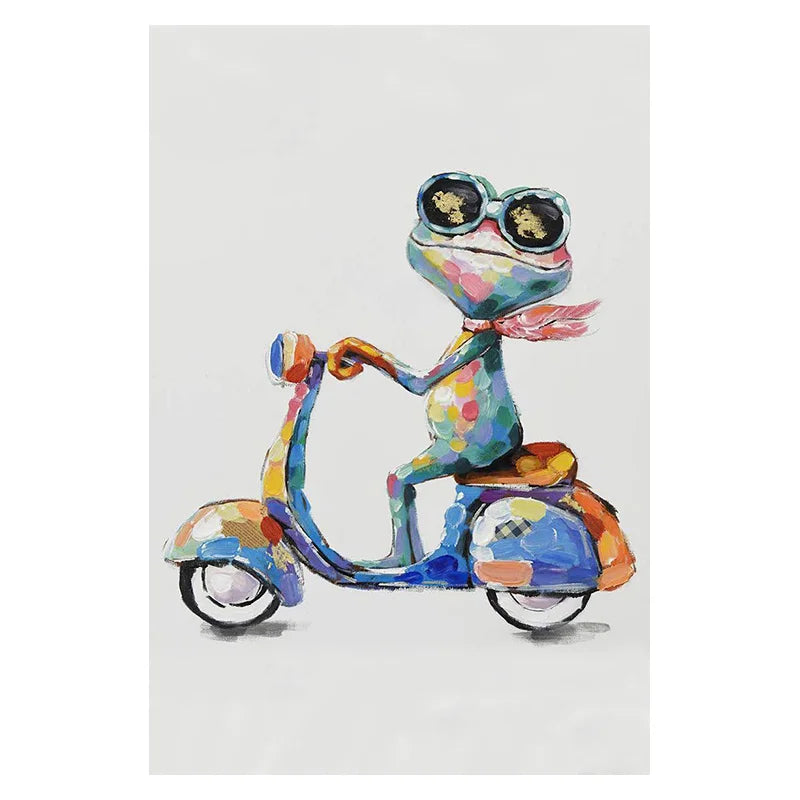 Colorful illustration of a frog riding a scooter on a white background