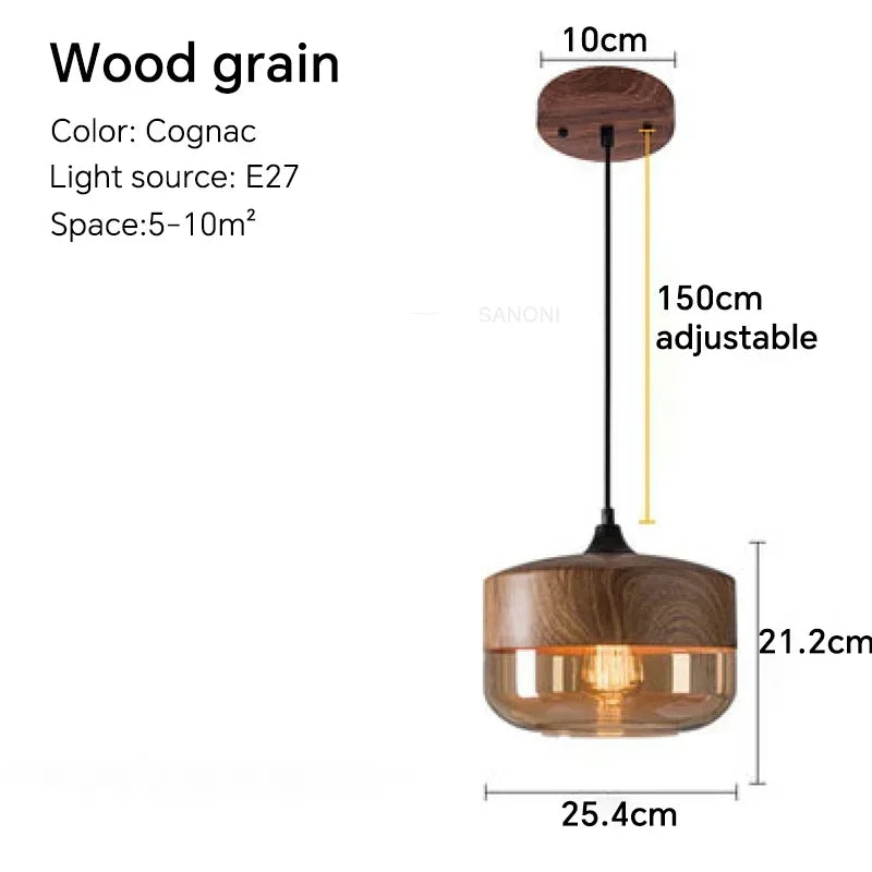 Wooden pendant light with dimensions and specifications on a white background