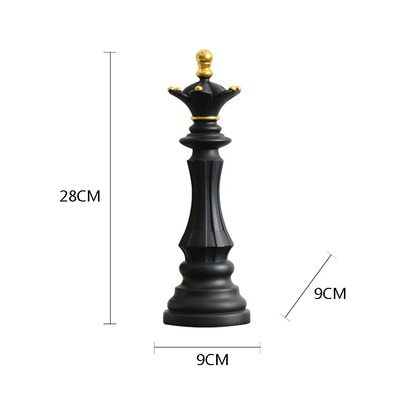 Black chess piece with gold crown, shown with measurements on a white background