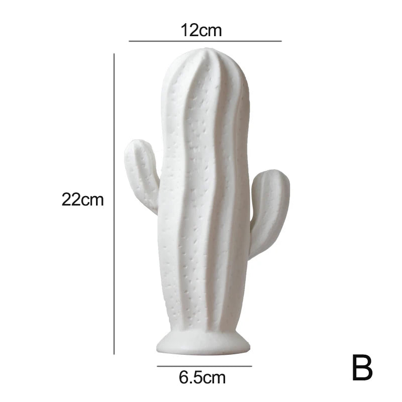 A white cactus-shaped decorative object centered on a light gray background, with dimension lines and labels showing 22 cm height, 12 cm top width, and 6.5 cm base width.