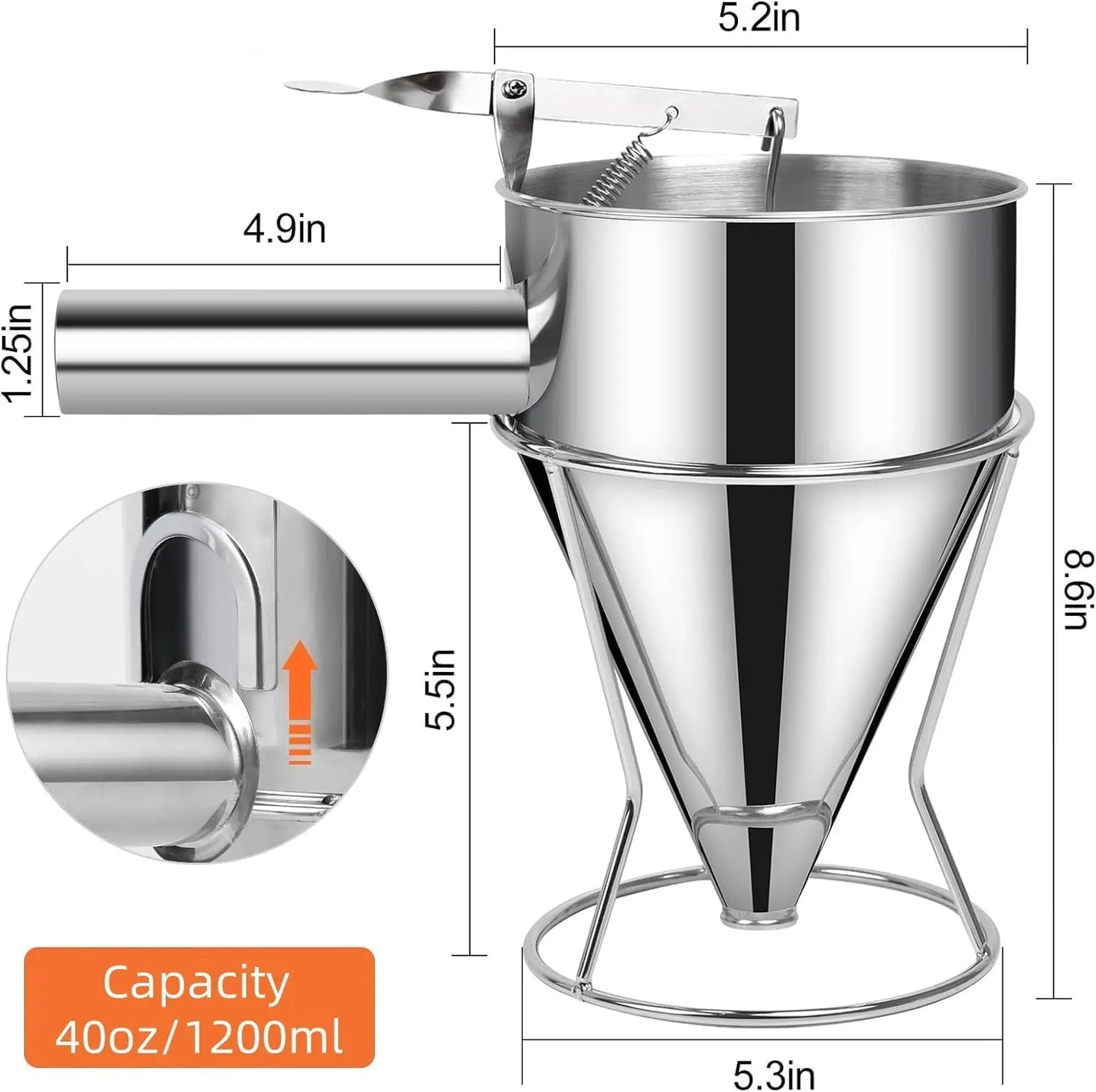 Stainless steel funnel with measurements and capacity details on a white background