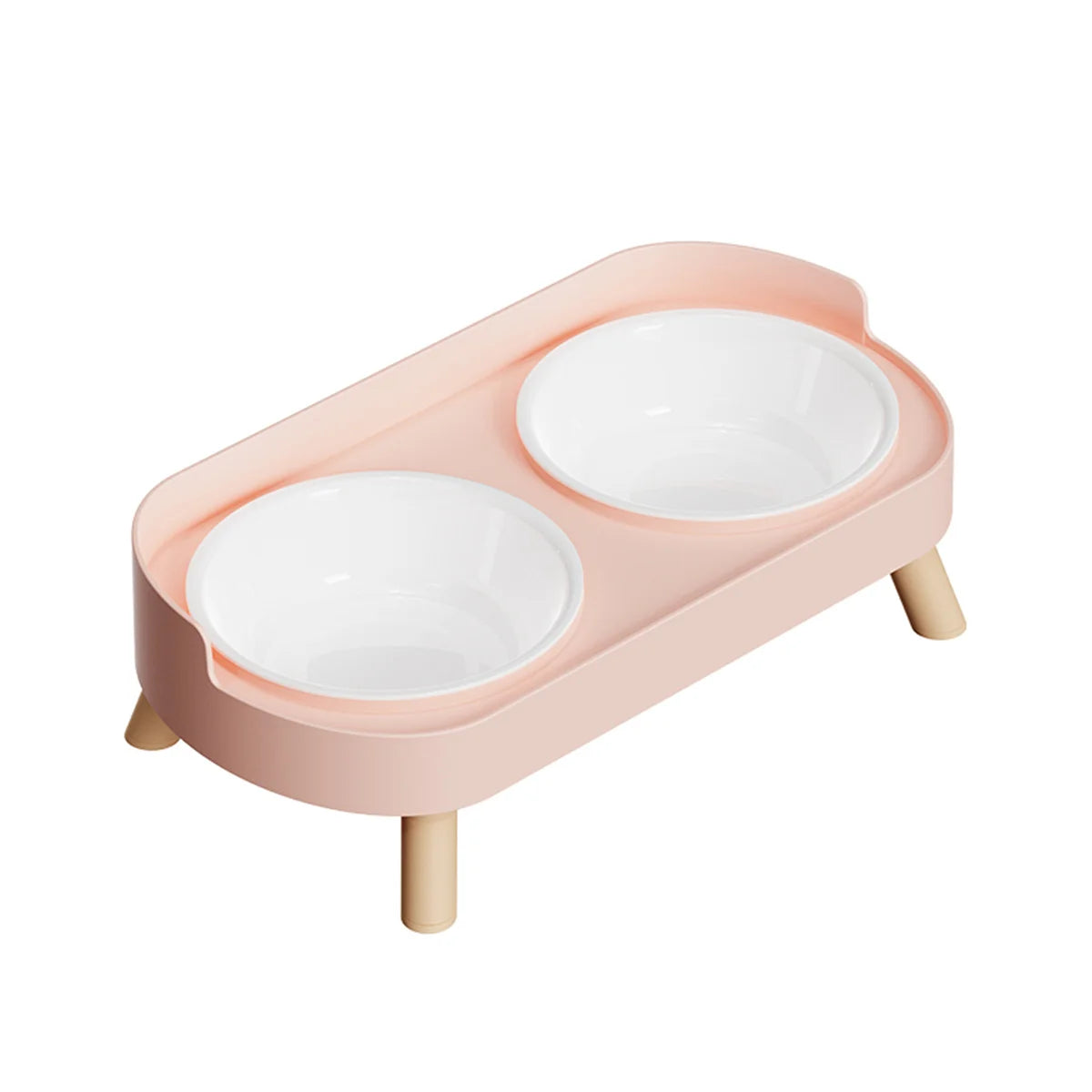 Pink pet feeder with two white bowls on a white background