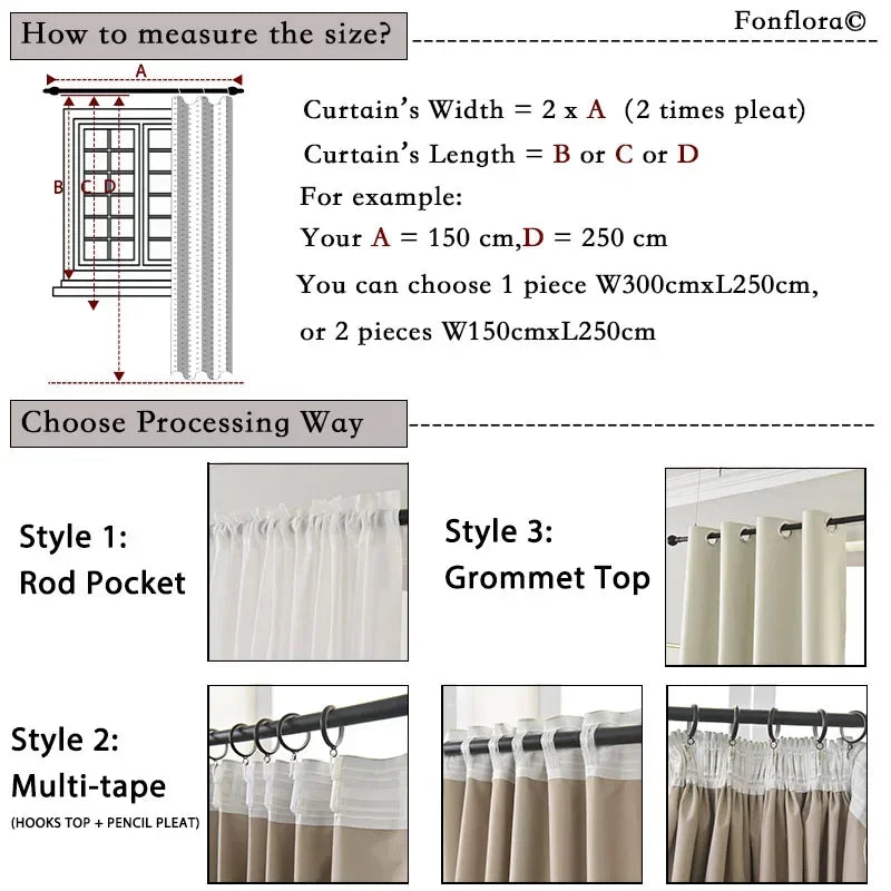Instructions for measuring and choosing curtain styles with examples of rod pocket, grommet top, and multi-tape styles.