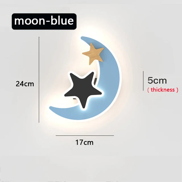 Decorative wall light with moon and star design, showing dimensions on a white background.