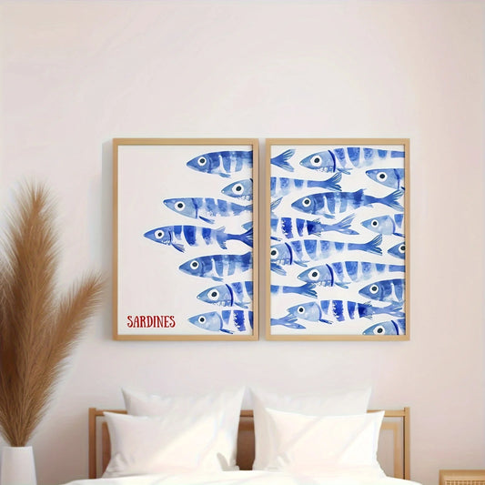 Two framed artworks of blue fish patterns on a wall above a bed.