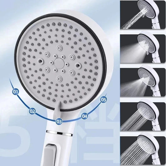 Shower head with multiple spray settings on a blue and black background