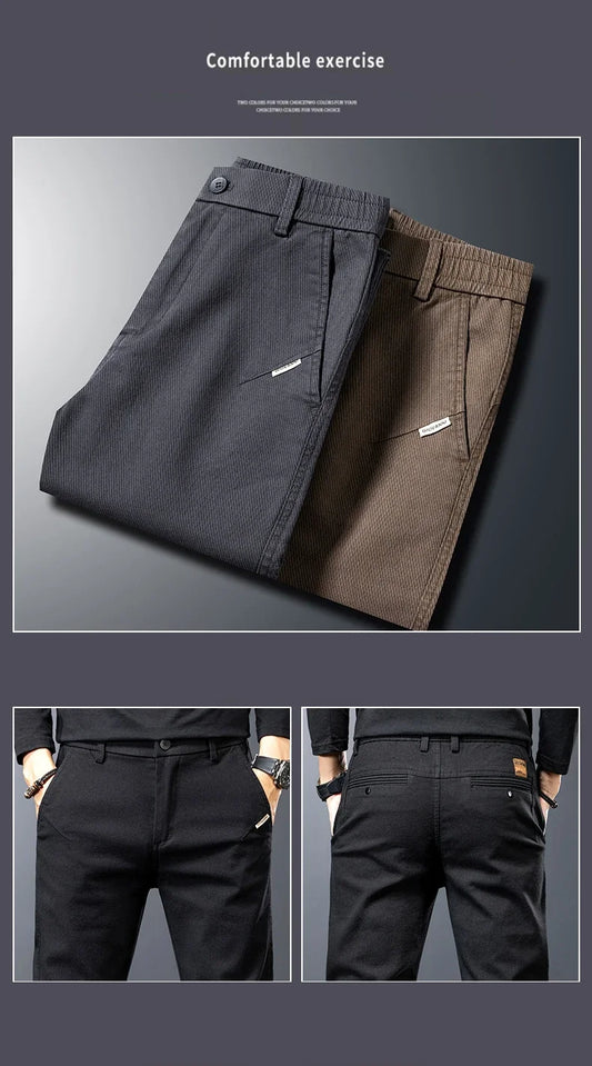 Two pairs of pants, one black and one brown, displayed against a gray background with text 'Comfortable exercise'.