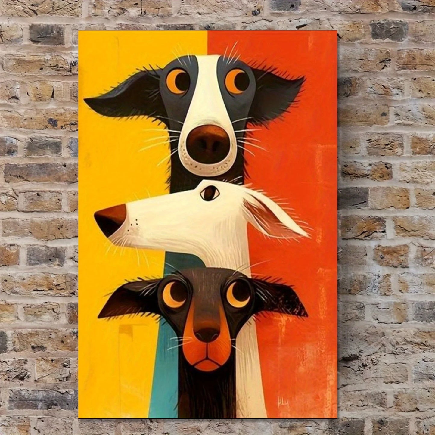 Colorful painting of three dogs on a brick wall background