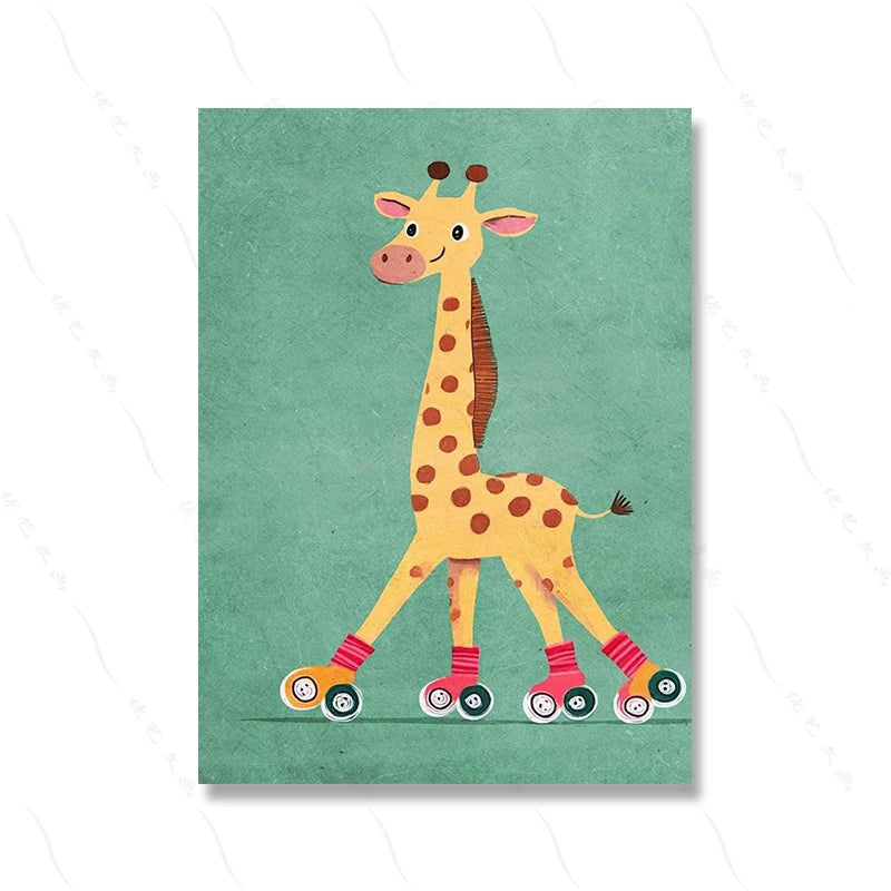 Cartoon giraffe on roller skates with a green background