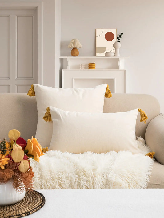 Decorative pillows with tassels on a sofa in a living room setting.