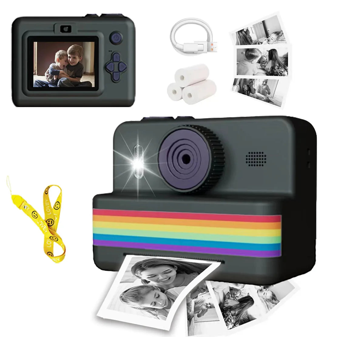 Instant camera with rainbow stripe, lanyard, and printed photos on a white background
