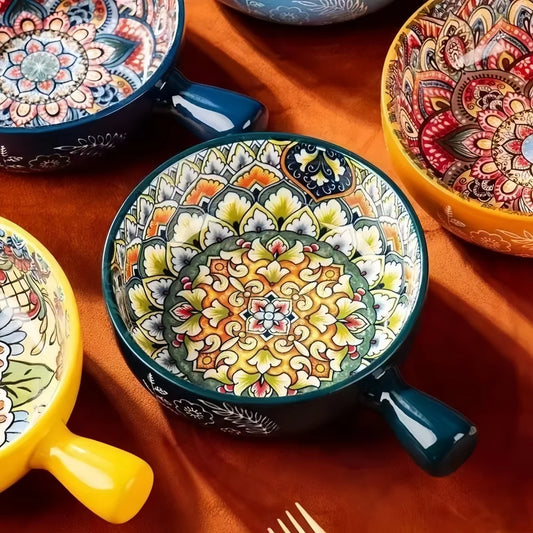 Colorful ceramic bowls with intricate patterns on a brown surface
