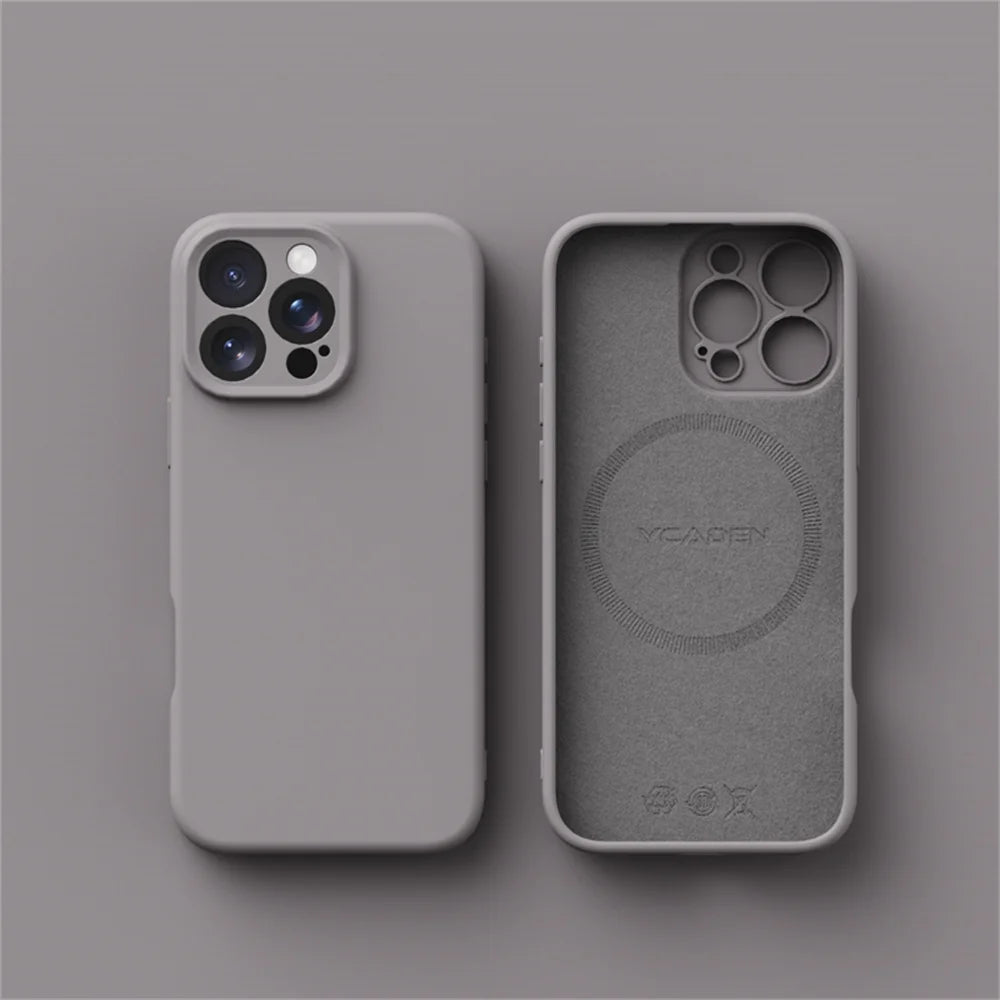 Gray phone case with brand logo on a gray background