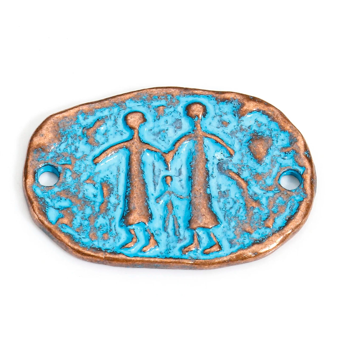 Decorative metal pendant with blue and bronze design on a white background