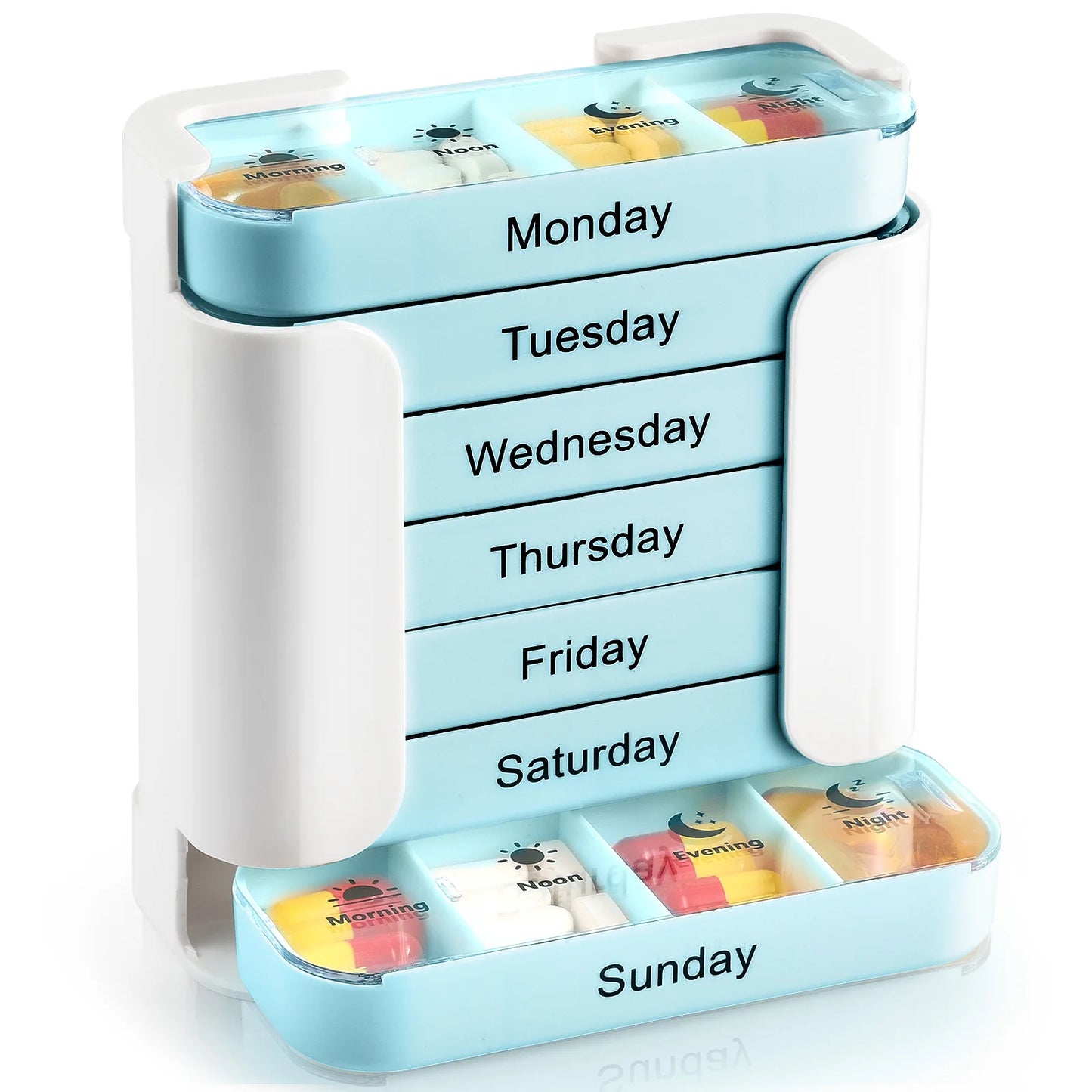 Weekly pill organizer with compartments for each day of the week on a white background