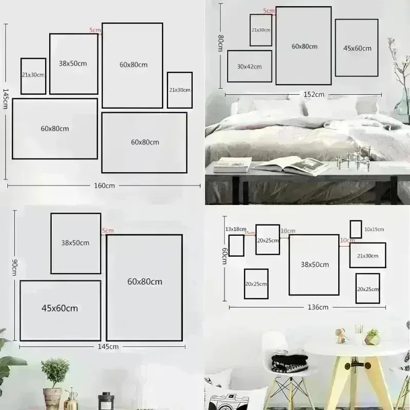 Wall art arrangement with dimensions and a bedroom setting
