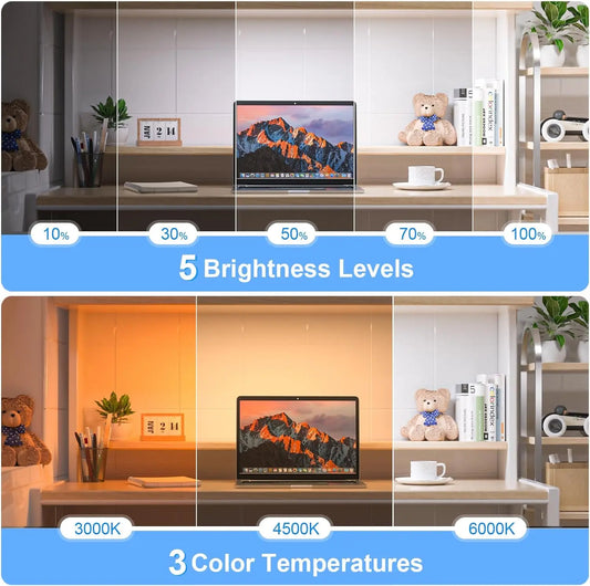 Laptop on a desk with different brightness levels and color temperatures displayed.