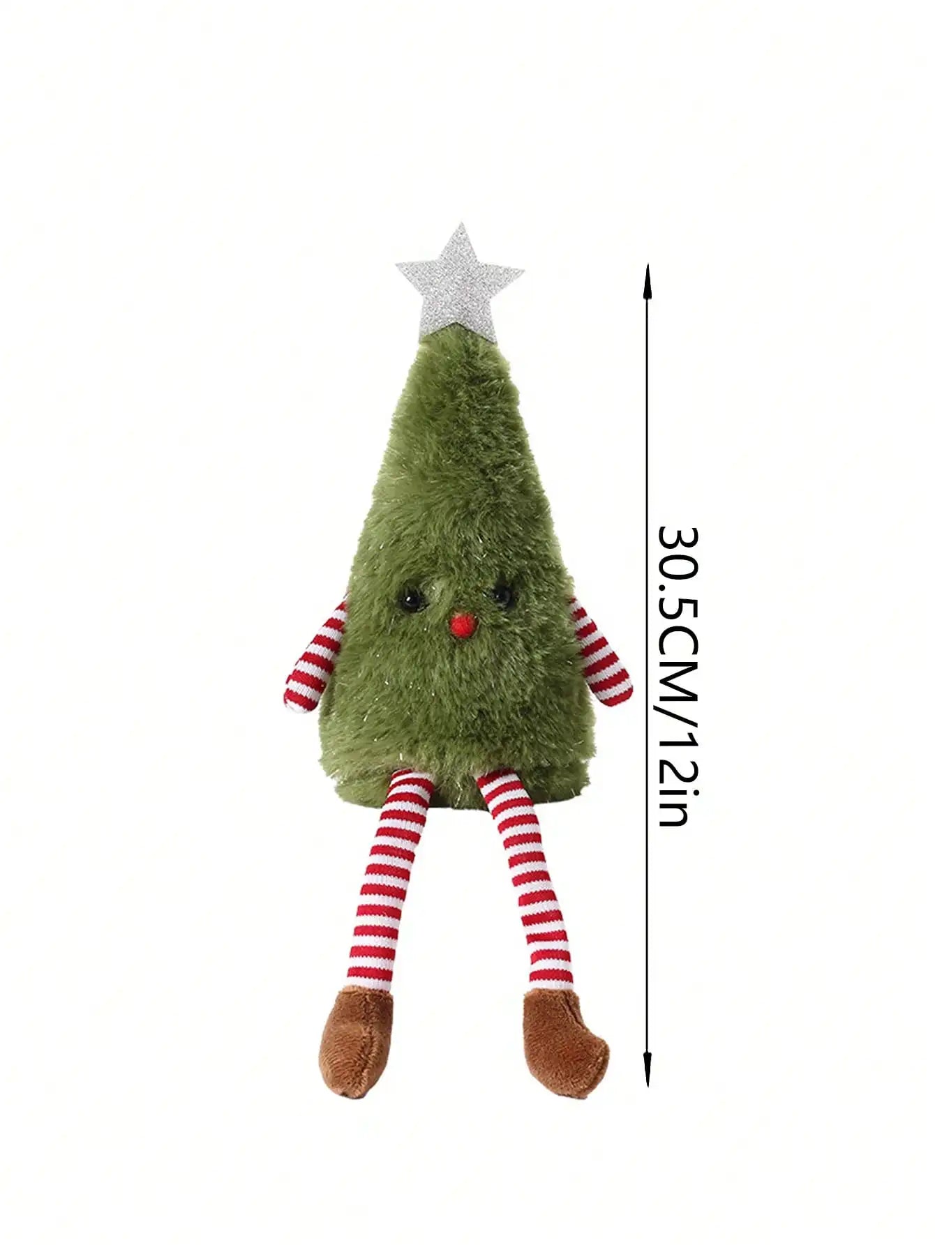 Green plush Christmas tree toy with a star on top, striped legs, and dimensions indicated.