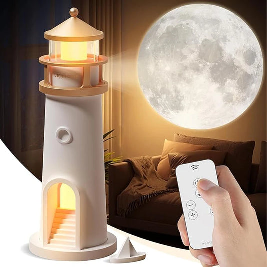 Lighthouse-shaped night light with remote control in a cozy room setting.