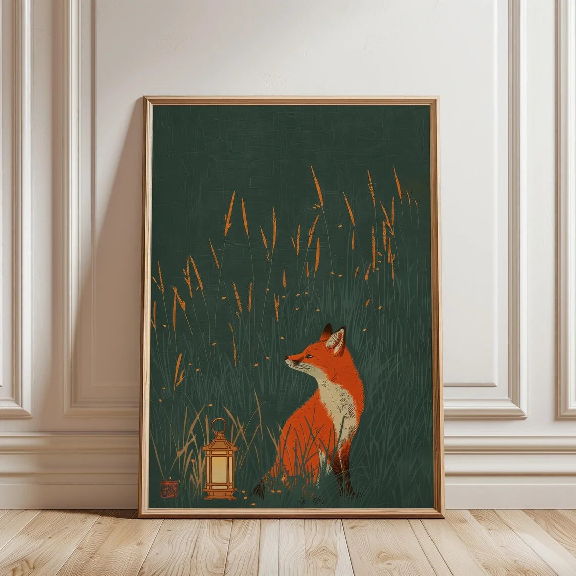 Minimalist Japanese-inspired fox art print showing an orange fox carrying a lantern through tall grass against a deep green background in a natural wood frame.